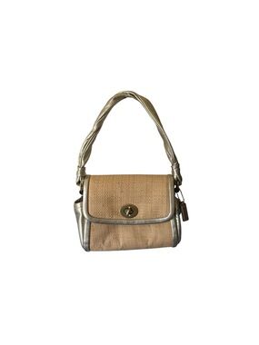 Coach Beige Straw mini Shoulder Bag with Metallic Gold Trim